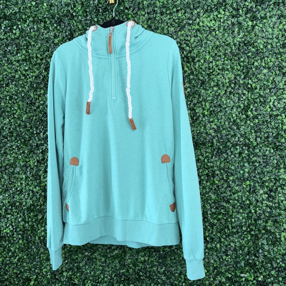 Wanakome Hoodie Women Size XL Teal Quarter Zip Rope Drawstrings Leather Trim
